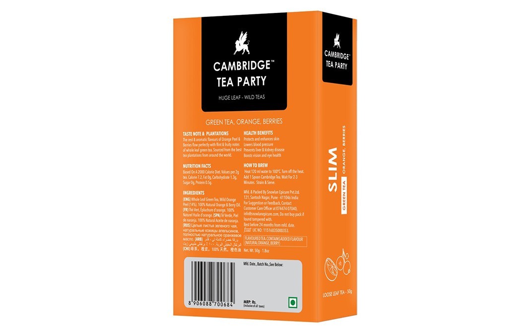 Cambridge Tea party Slim Green Tea Orange, Berries    Pack  50 grams